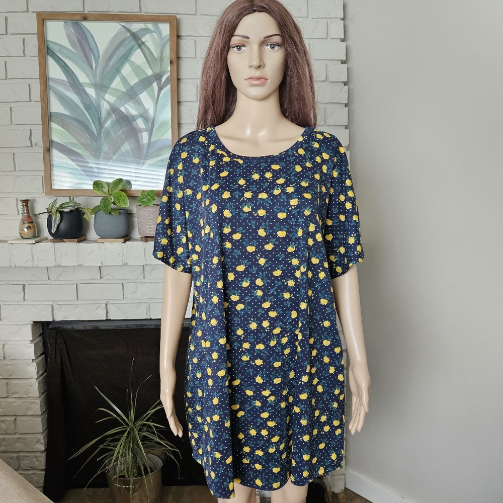 Lularoe dress plus size 3XL blue yellow roses floral scoop neck short sleeves